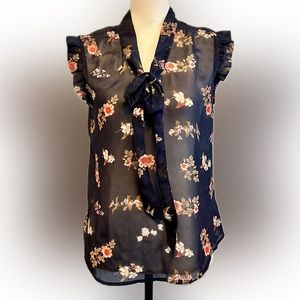 Floral Blue Sheer Blouse Medium Ruffle Sleeves Marisol